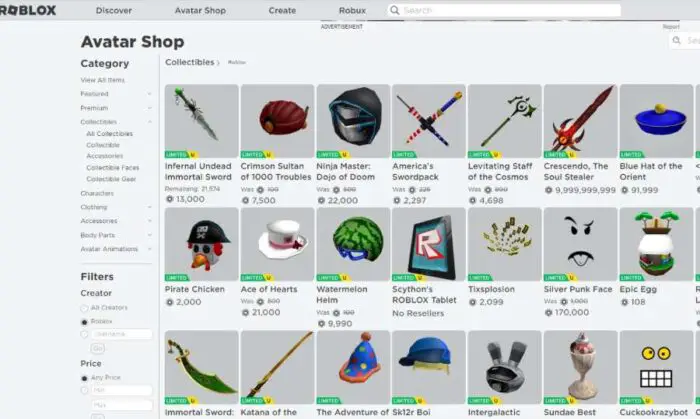 Roblox avatar shop items for sale