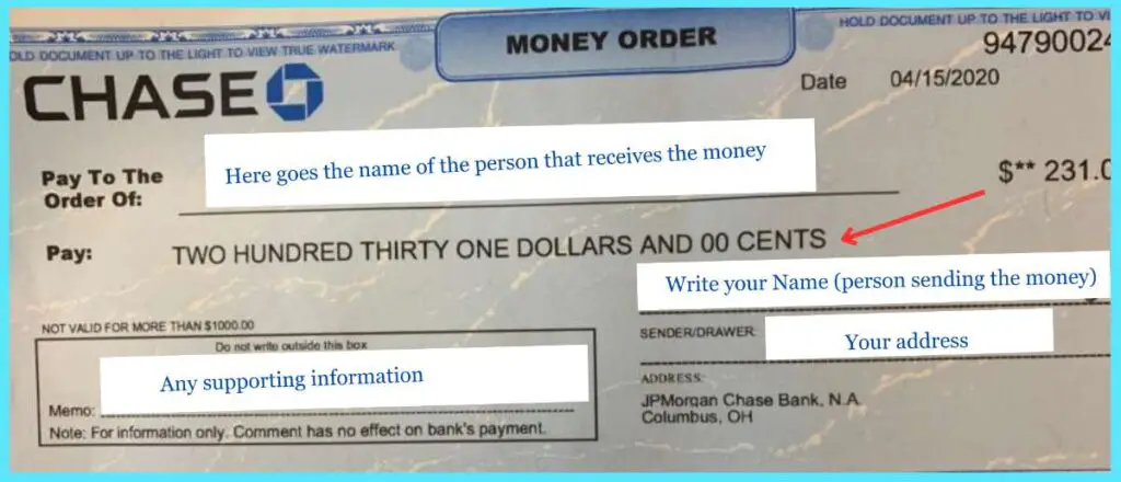 Chase money order with instructions to fill out