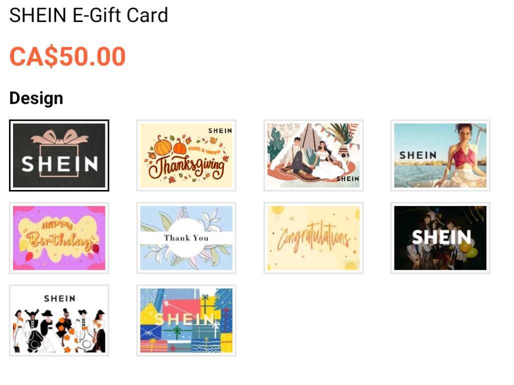 shein free gifts. Example of their gift cards